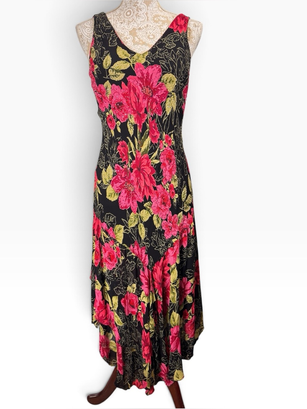 Vintage Size 10 Black Floral Beaded Bias Cut Midi Dress Handkerchief Hem Fairy